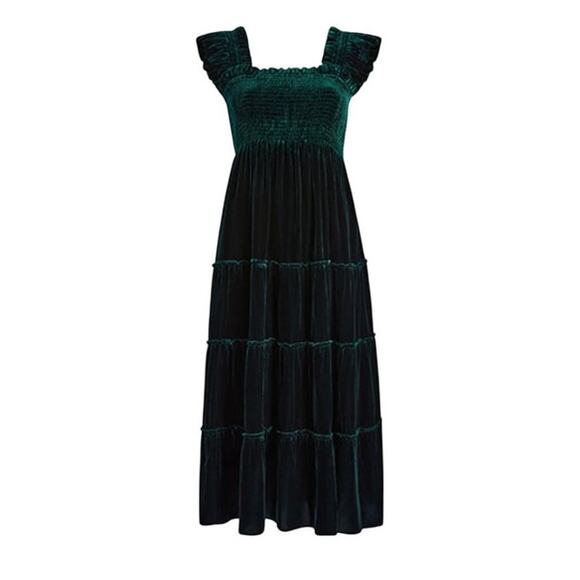 hill house home velvet nap dress green tiered smocked cottagecore midi - Picture 8 of 8